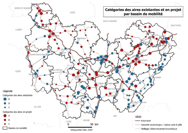 Catégories des aires existantes et en projet par bassin de mobilité