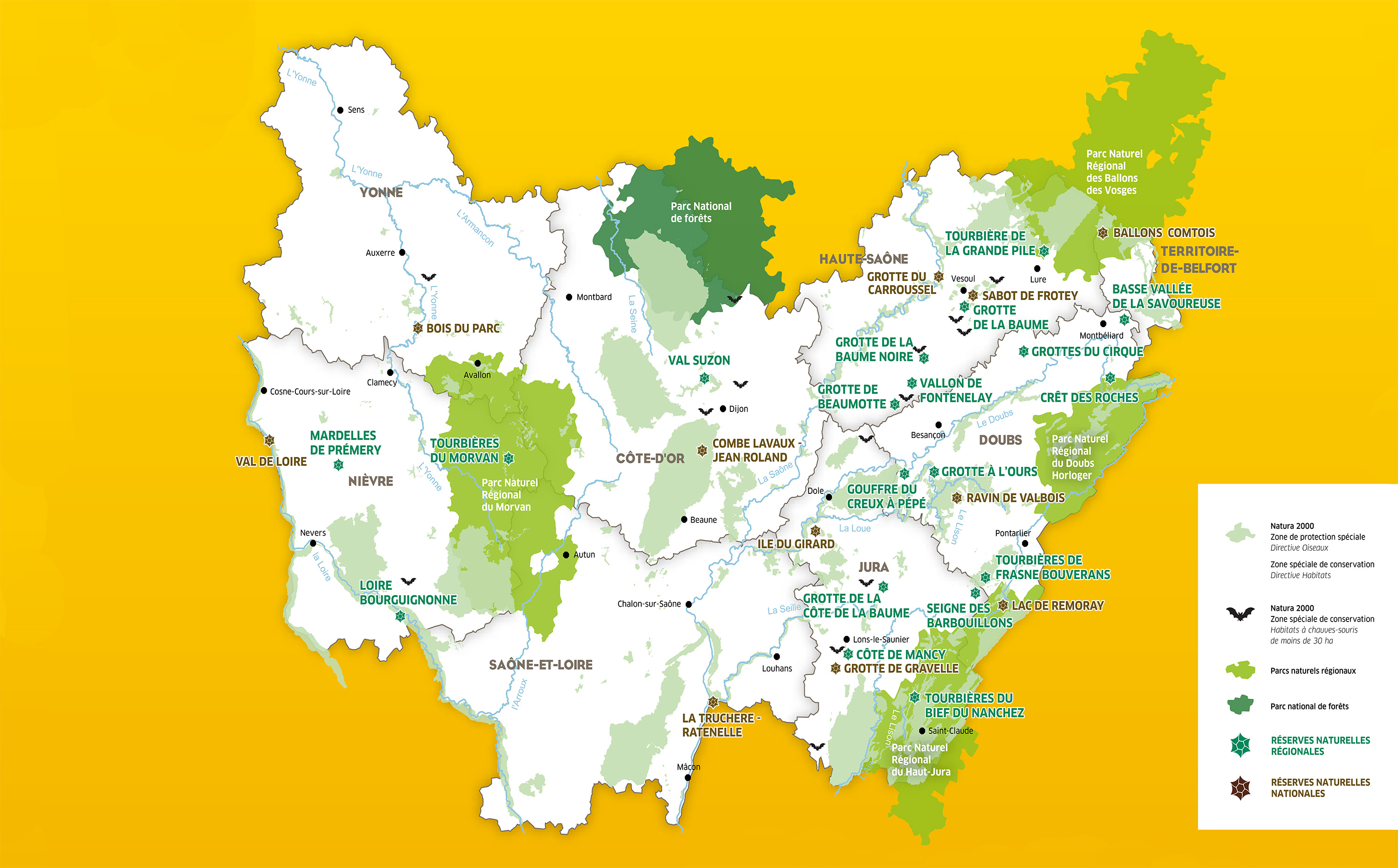 Les principales aires protégées en Bourgogne-Franche-Comté - MAJ 1er janvier 2023