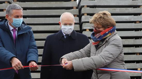 Les travaux sur la ligne des Horlogers ont été lancés officiellement le 20 janvier 2021 à Valdahon par Michel Neugnot, vice-président de la Région en charge des transports, Jérôme Grand, directeur territorial de SNCF-Réseau, Fabien Sudry, préfet de Région, Marie-Guite Dufay, présidente de la Région et Sylvie Le Hir, maire de Valdahon - Photo © Région Bourgogne-Franche-Comté